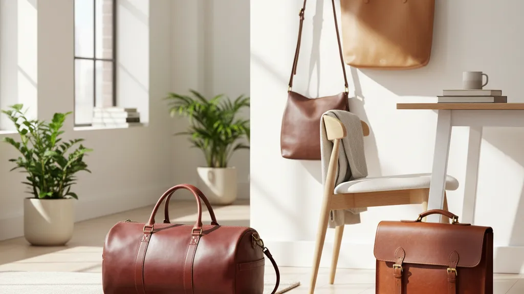 Different leather bag styles arranged in a lifestyle setting showing briefcase tote crossbody and duffle for different occasions