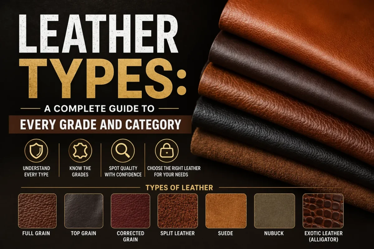 Different types of leather swatches arranged on a craftsman's workbench showing various grades and textures
