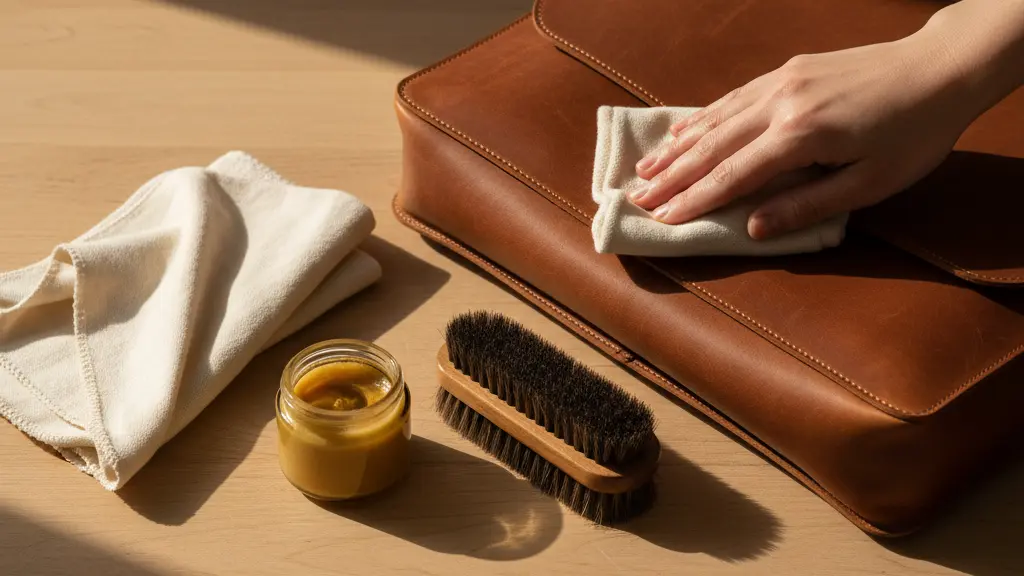Leather care essentials including conditioner brush and cloth arranged beside a full grain leather bag