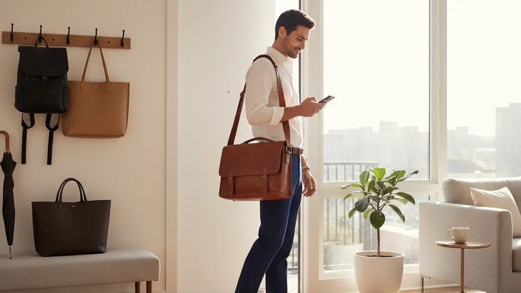 Person in smart casual outfit carrying a leather messenger bag with other leather bag styles visible nearby