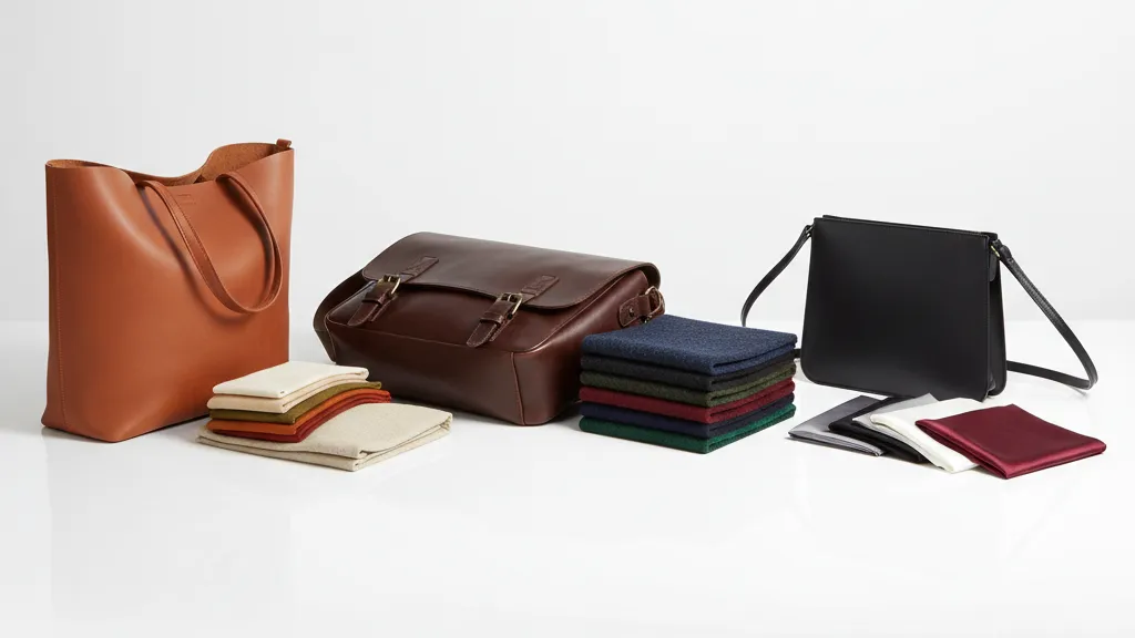 Three leather bags in cognac dark brown and black arranged with complementary colour fabric swatches