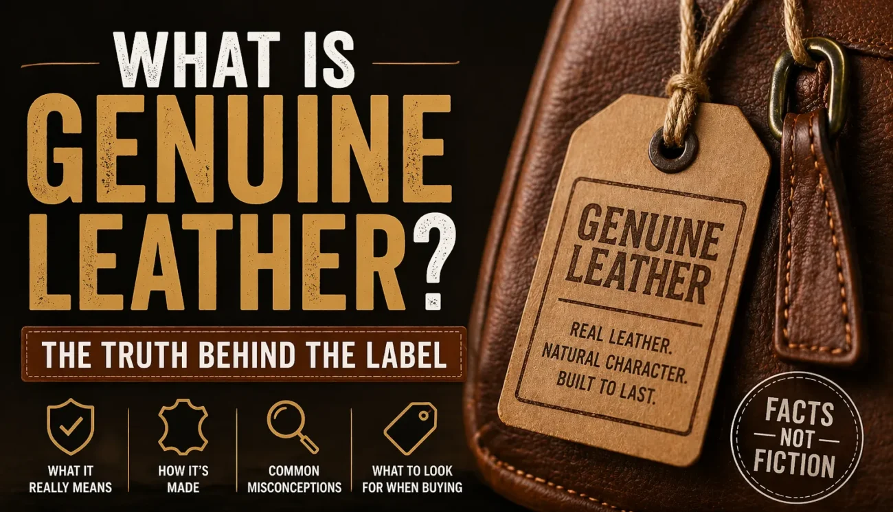 Genuine leather with embossed grain compared to natural full grain leather under a magnifying glass on a workbench