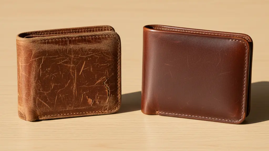Worn genuine leather wallet showing cracks and peeling compared to an aged full grain leather wallet with a rich patina