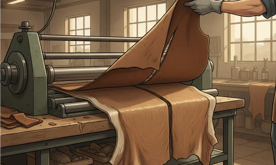 Cross-section of an animal hide showing the dense top grain layer separated from the lower layers used for genuine leather