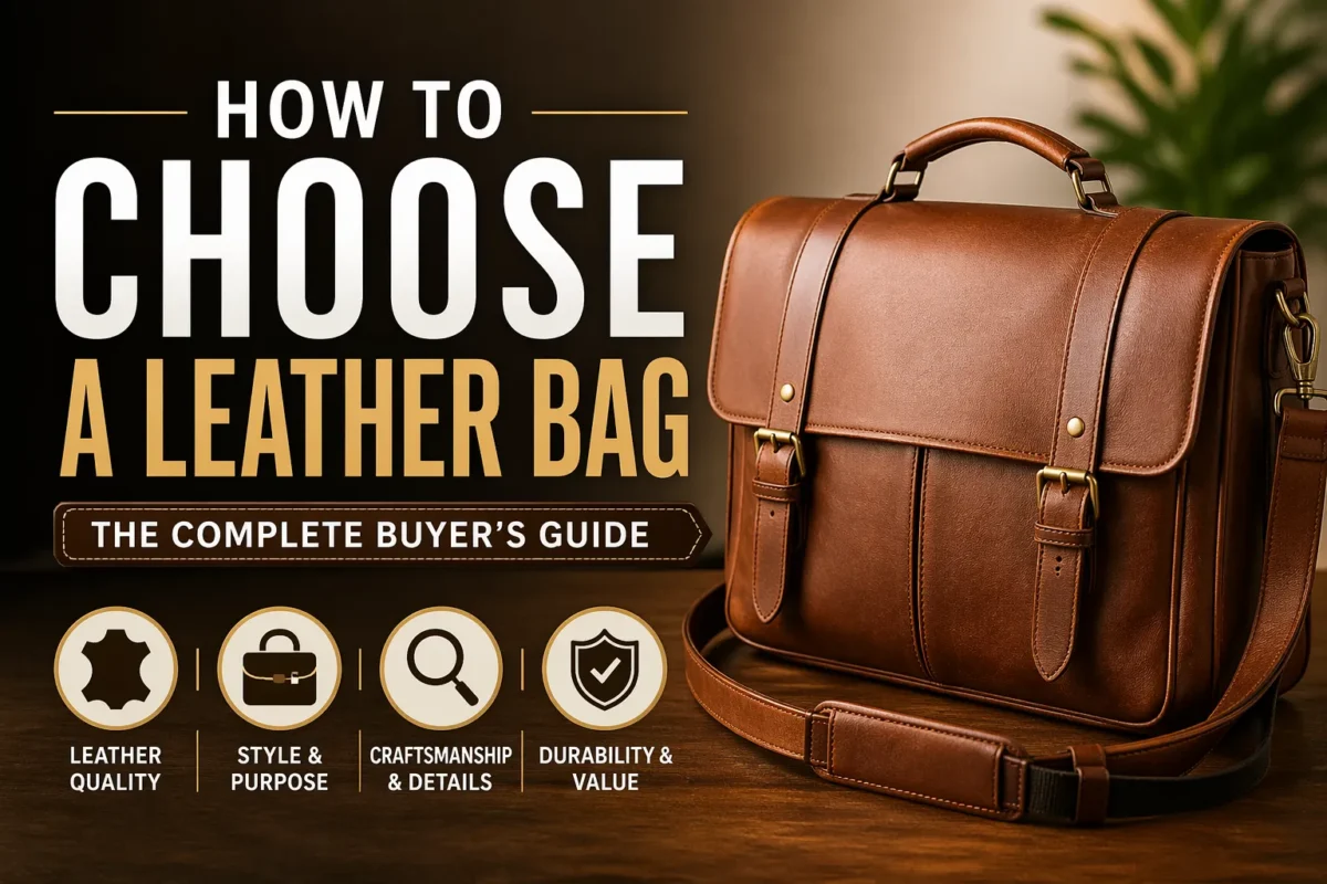 A curated selection of different leather bag styles including a briefcase tote crossbody and duffle on a wooden display surface