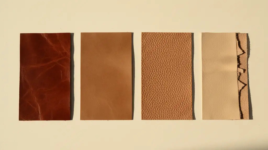 Side-by-side comparison of different leather grades from full grain to bonded leather showing quality differences