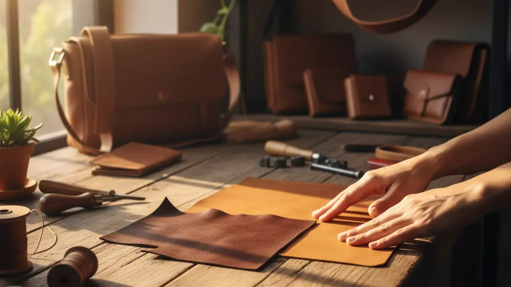 Hands comparing different leather types showing the quality and texture differences between grades