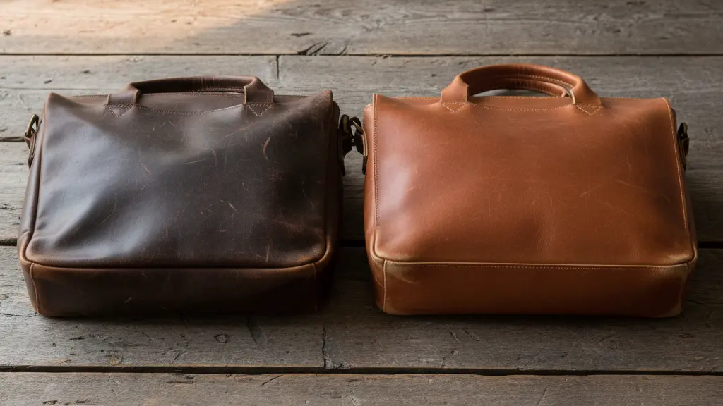 Aged full grain leather bag showing beautiful patina compared to a newer top grain bag showing early finish wear