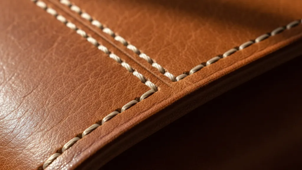 Close-up of precise hand-stitching and burnished edge finishing on a full grain leather bag