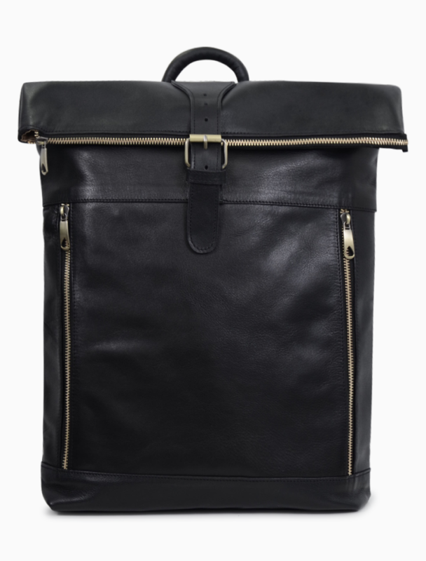 Modern Black Leather Roll-Top Backpack | Large Executive Travel Rucksack