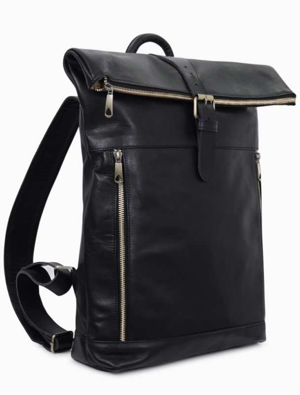 Modern Black Leather Roll-Top Backpack | Large Executive Travel Rucksack