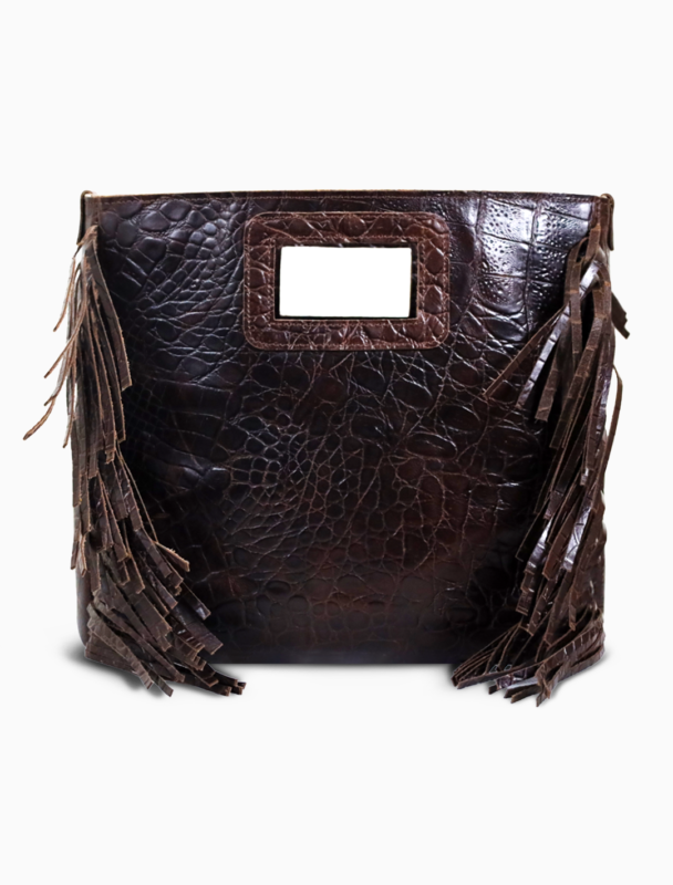 Croco-Embossed Leather Fringe Tote | Dark Brown Statement Western Bag