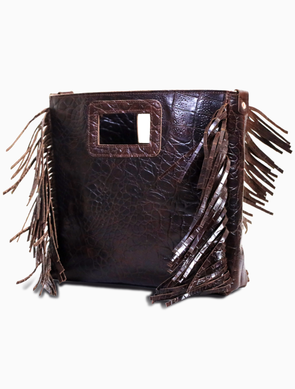 Croco-Embossed Leather Fringe Tote | Dark Brown Statement Western Bag