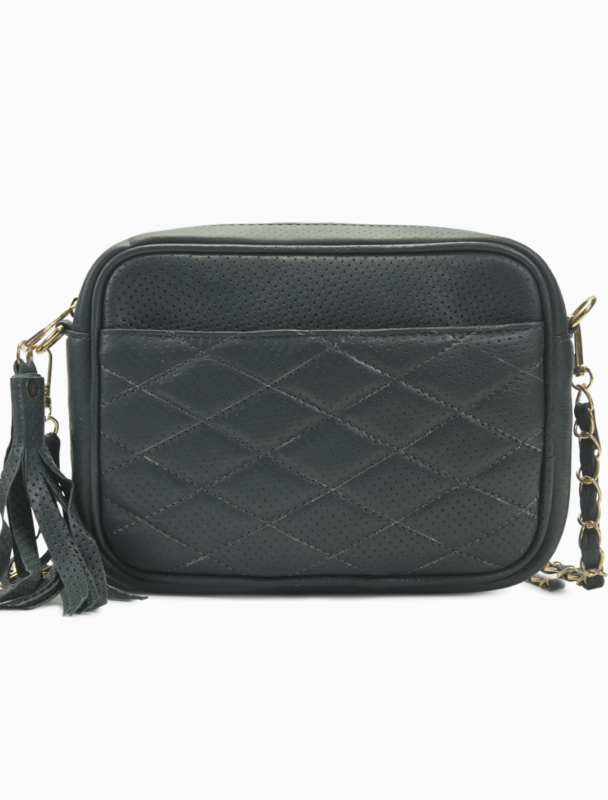 Quilted Black Leather Camera Bag | Elegant Diamond-Stitched Crossbody