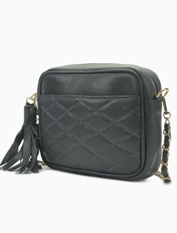 Quilted Black Leather Camera Bag | Elegant Diamond-Stitched Crossbody