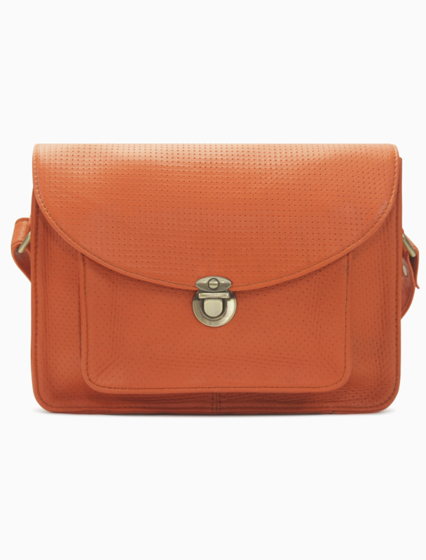 Perforated Tangerine Leather Messenger Bag | Vibrant Vintage Crossbody