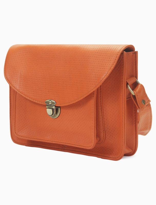 Perforated Tangerine Leather Messenger Bag | Vibrant Vintage Crossbody