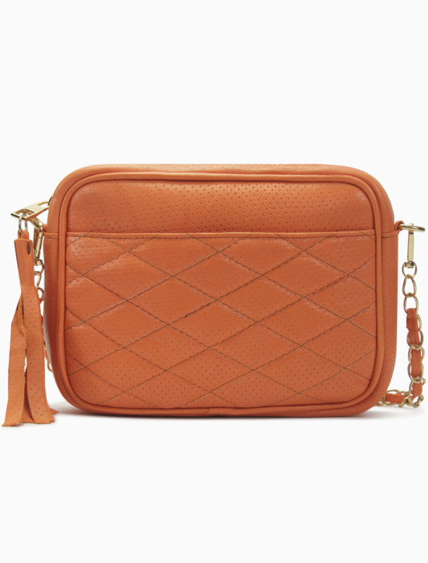 Quilted Tangerine Leather Camera Bag | Bright Diamond-Stitched Crossbody