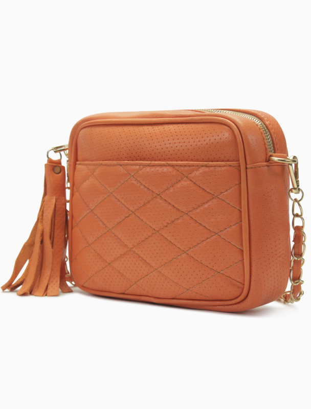 Quilted Tangerine Leather Camera Bag | Bright Diamond-Stitched Crossbody