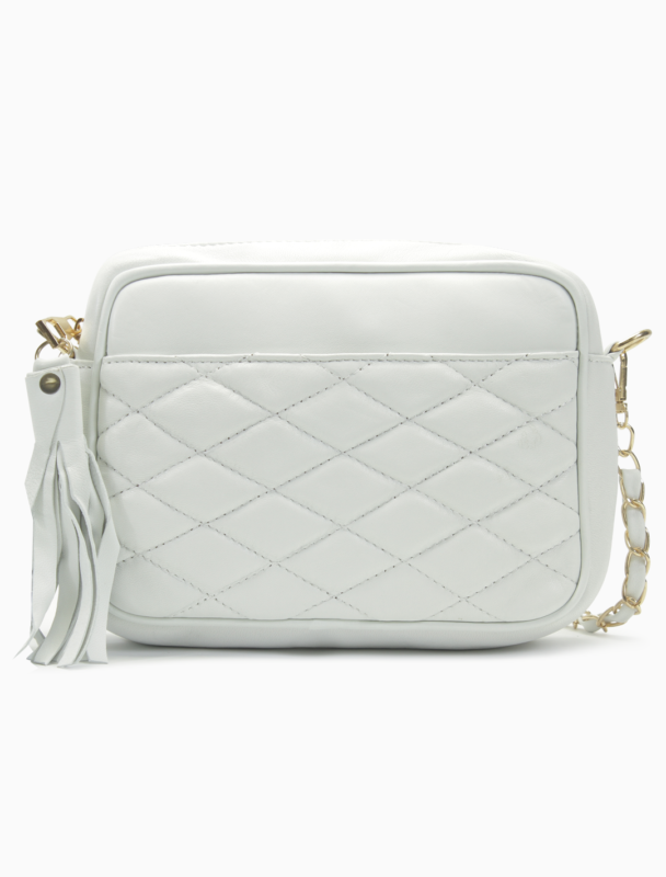 Minimalist White Quilted Leather Camera Bag | Elegant Diamond-Stitched Crossbody