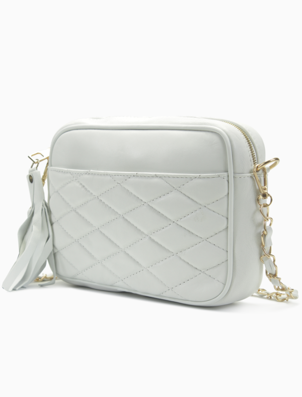 Minimalist White Quilted Leather Camera Bag | Elegant Diamond-Stitched Crossbody