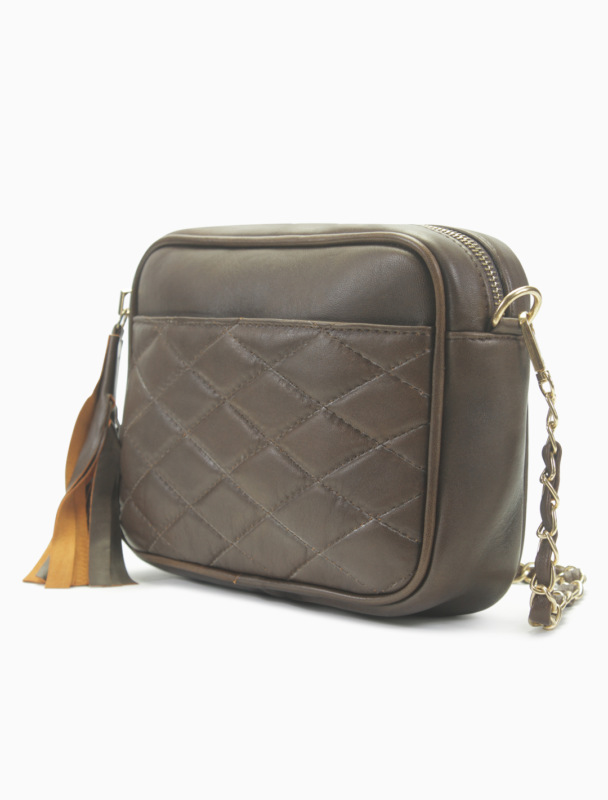 Quilted Espresso Leather Camera Bag | Rich Brown Diamond-Stitched Crossbody