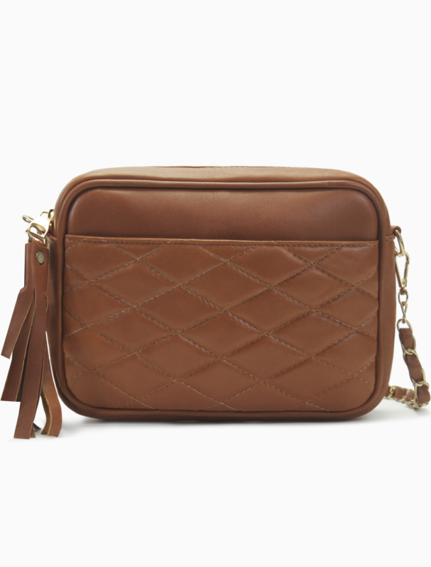 Quilted Cognac Leather Camera Bag | Timeless Caramel Diamond-Stitched Crossbody