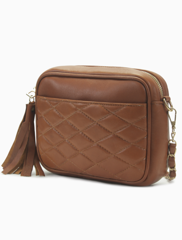 Quilted Cognac Leather Camera Bag | Timeless Caramel Diamond-Stitched Crossbody