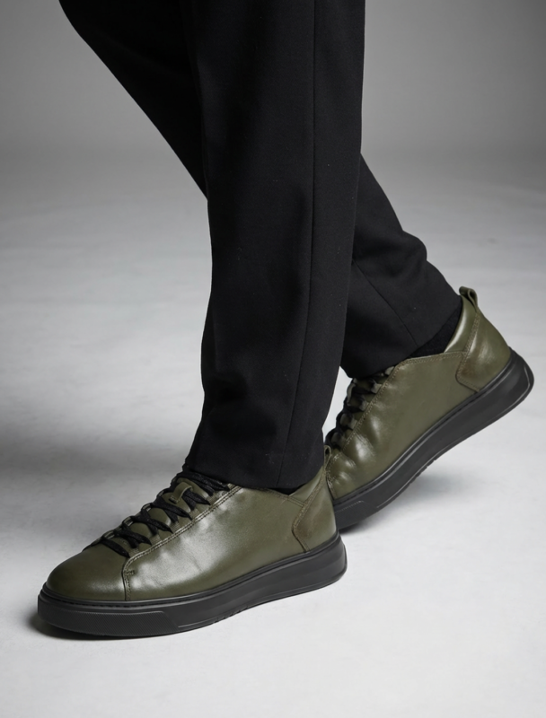 Men's Minimalist Olive Leather Sneakers | Premium Low-Top Urban Trainers