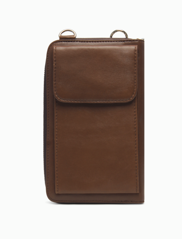 Minimalist Brown Leather Phone Crossbody Bag | Unisex Vertical Pouch