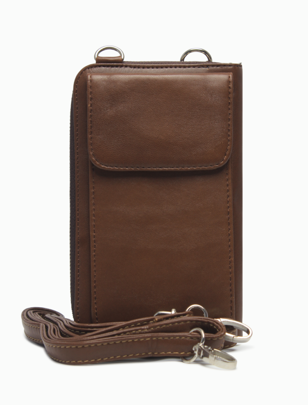 Minimalist Brown Leather Phone Crossbody Bag | Unisex Vertical Pouch