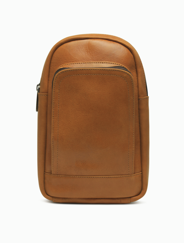 Minimalist Cognac Leather Sling Bag | Vertical Crossbody Chest Bag