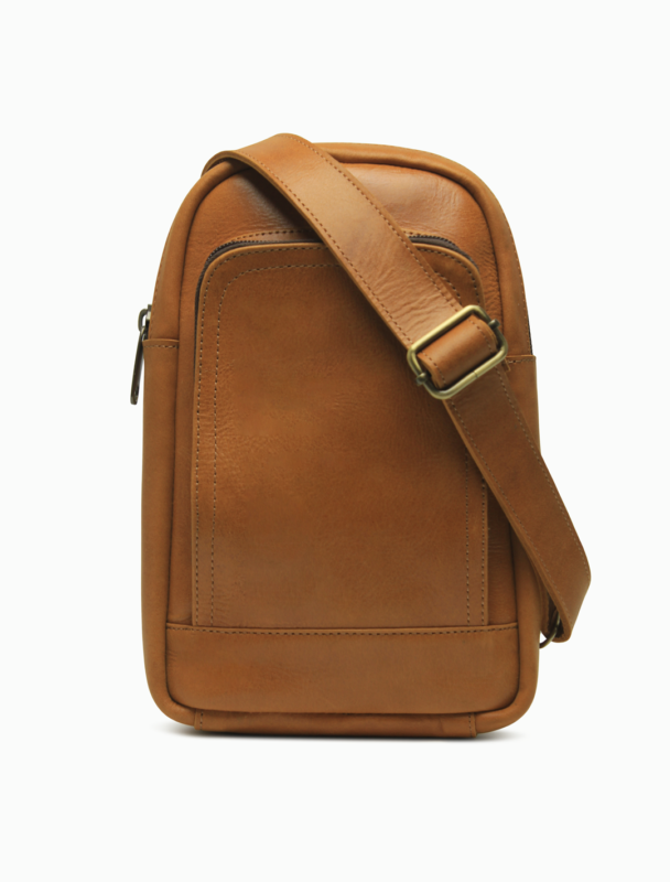 Minimalist Cognac Leather Sling Bag | Vertical Crossbody Chest Bag