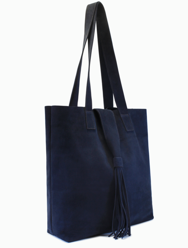 Large Navy Blue Suede Tote Bag | Tassel Shoulder Bag