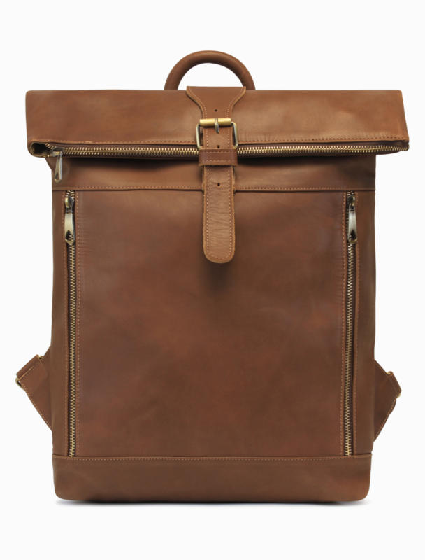 Large Brown Leather Roll-Top Backpack | Minimalist Travel Backpack
