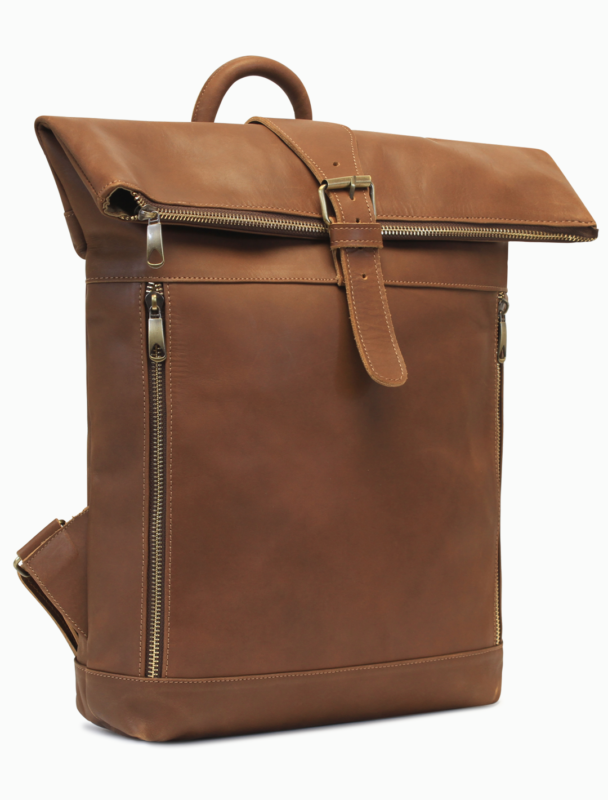 Large Brown Leather Roll-Top Backpack | Minimalist Travel Backpack