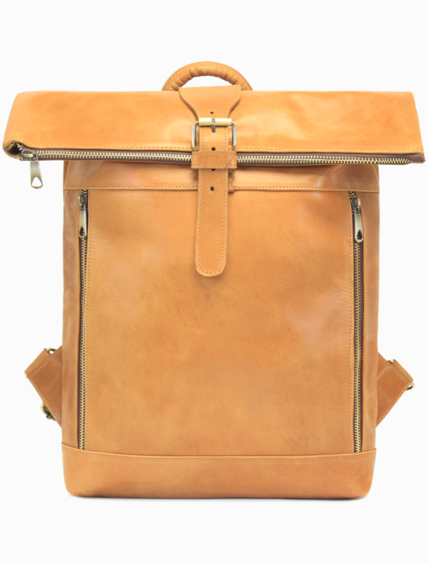 Large Tan Leather Roll-Top Backpack | Minimalist Travel Backpack