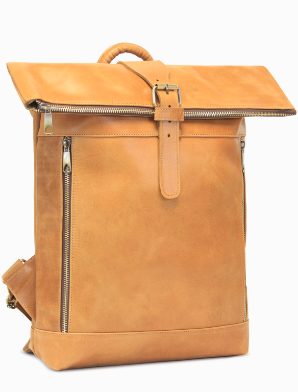 Large Tan Leather Roll-Top Backpack | Minimalist Travel Backpack