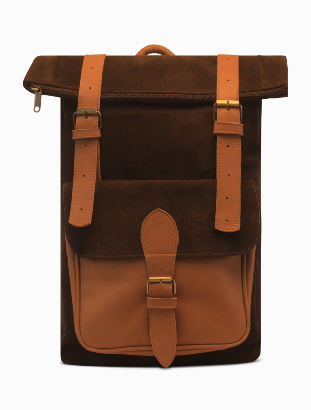 Dark Brown Suede and Leather Roll-Top Backpack | Minimalist Travel Backpack
