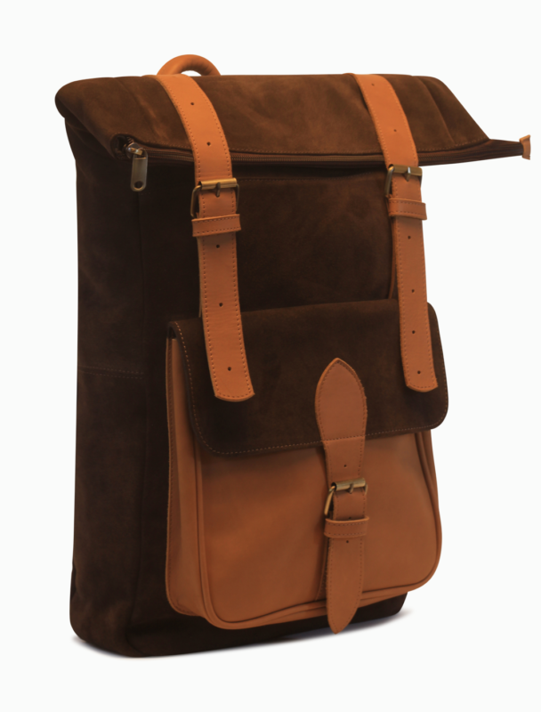 Dark Brown Suede and Leather Roll-Top Backpack | Minimalist Travel Backpack