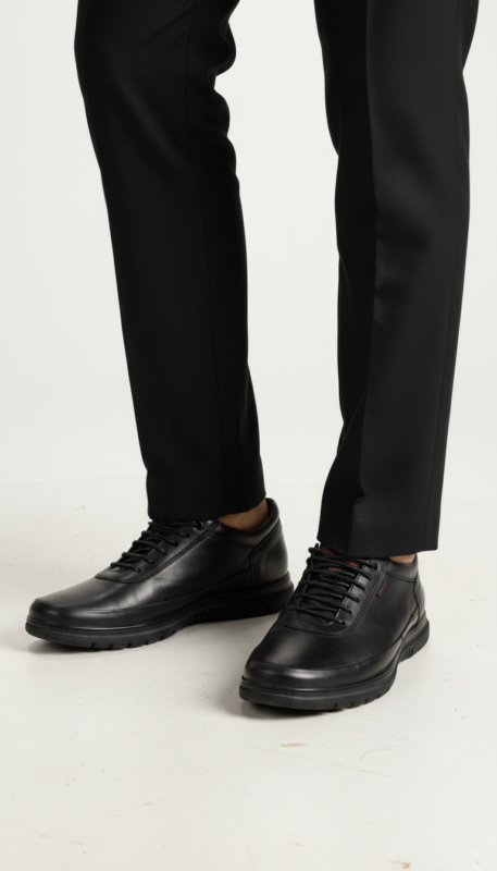 Black Leather Casual Sneakers with Red Accent | Minimalist Comfort Trainers