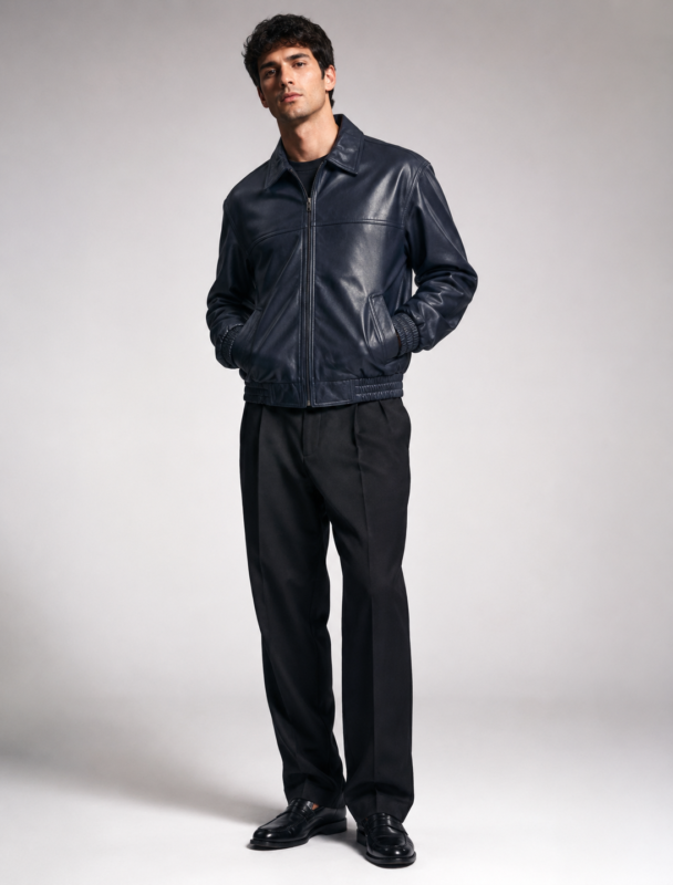 Classic Navy Blue Leather Bomber Jacket | Unisex Zip-Up Aviator Jacket