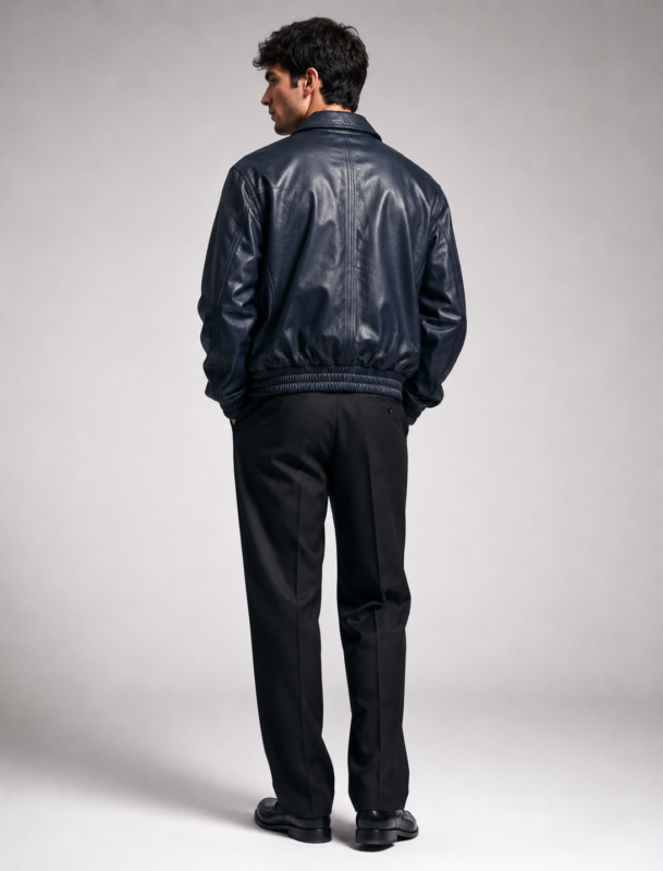 Classic Navy Blue Leather Bomber Jacket | Unisex Zip-Up Aviator Jacket