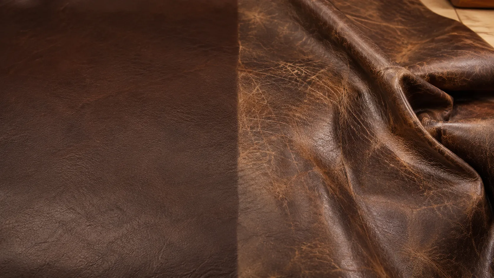 Crazy horse leather showing its pull-up colour change from undisturbed dark surface to lighter worn areas