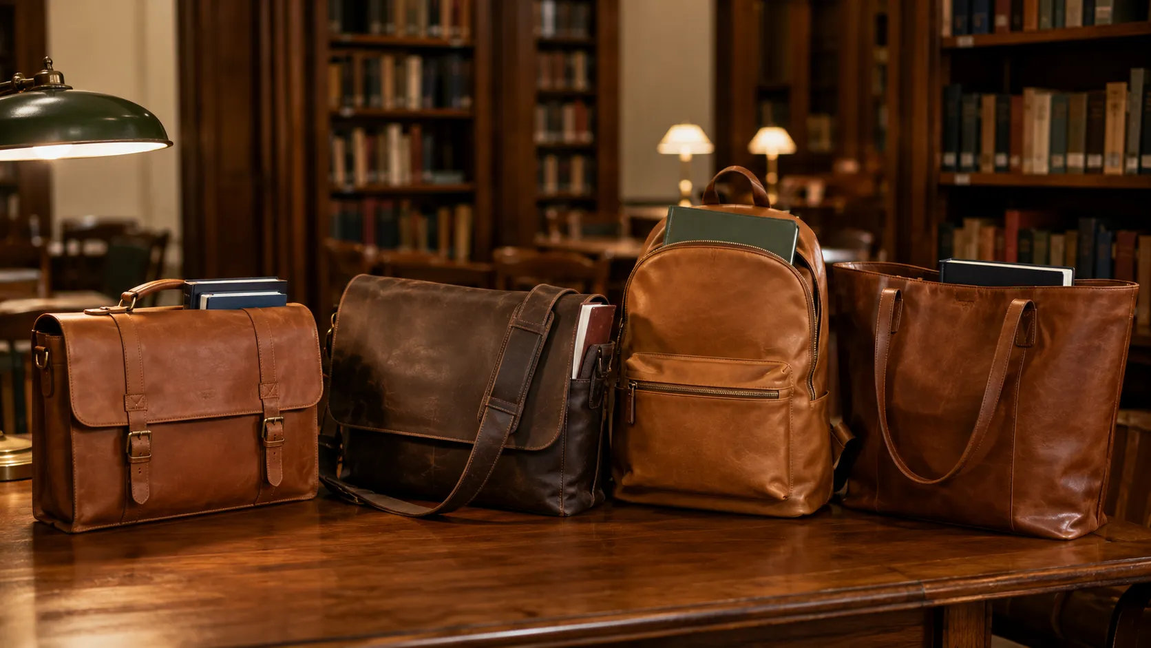 Four leather bags for college including satchel messenger backpack and tote on a library table