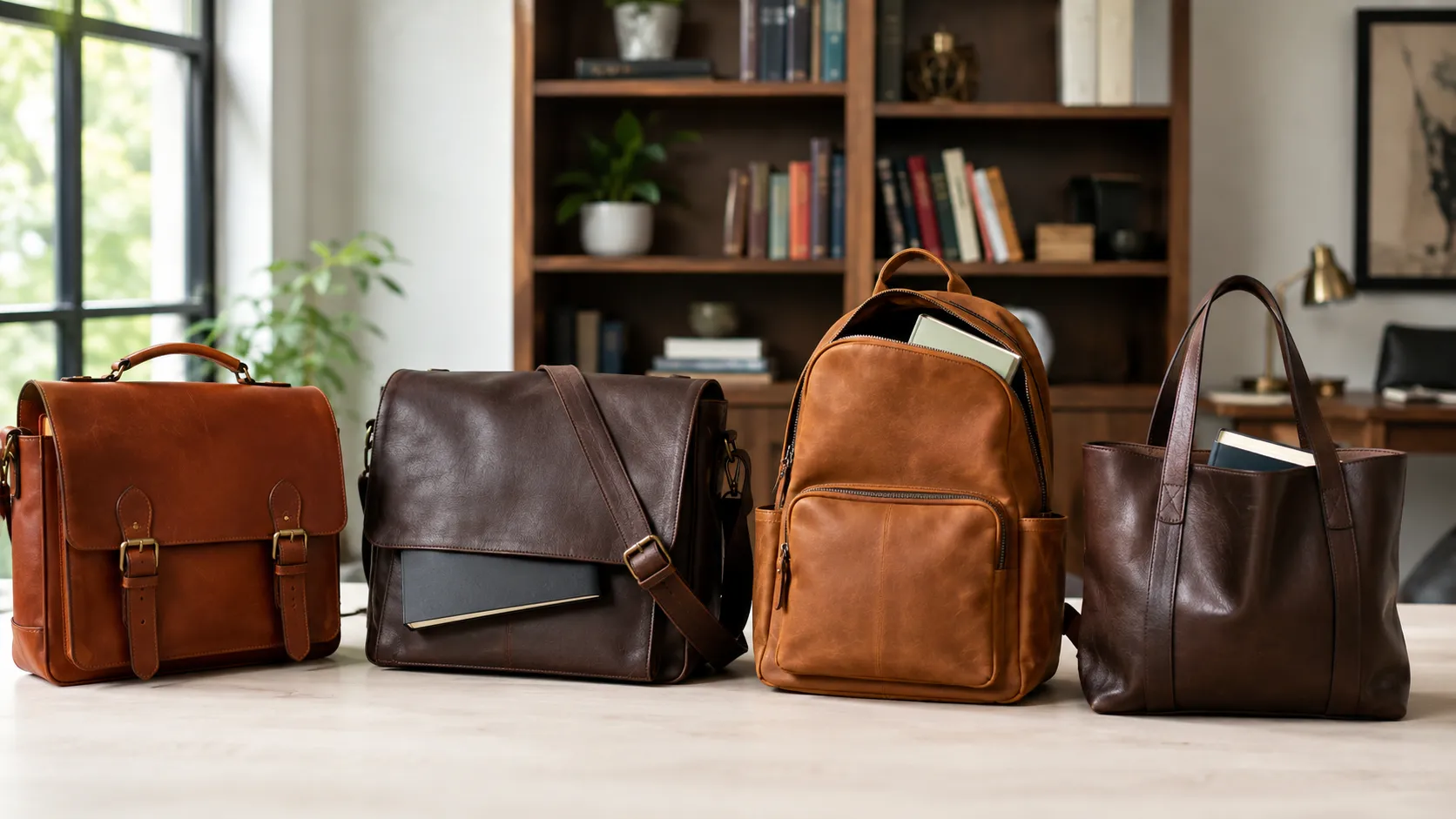 Four leather book bag styles including satchel messenger backpack and tote arranged in a modern study space