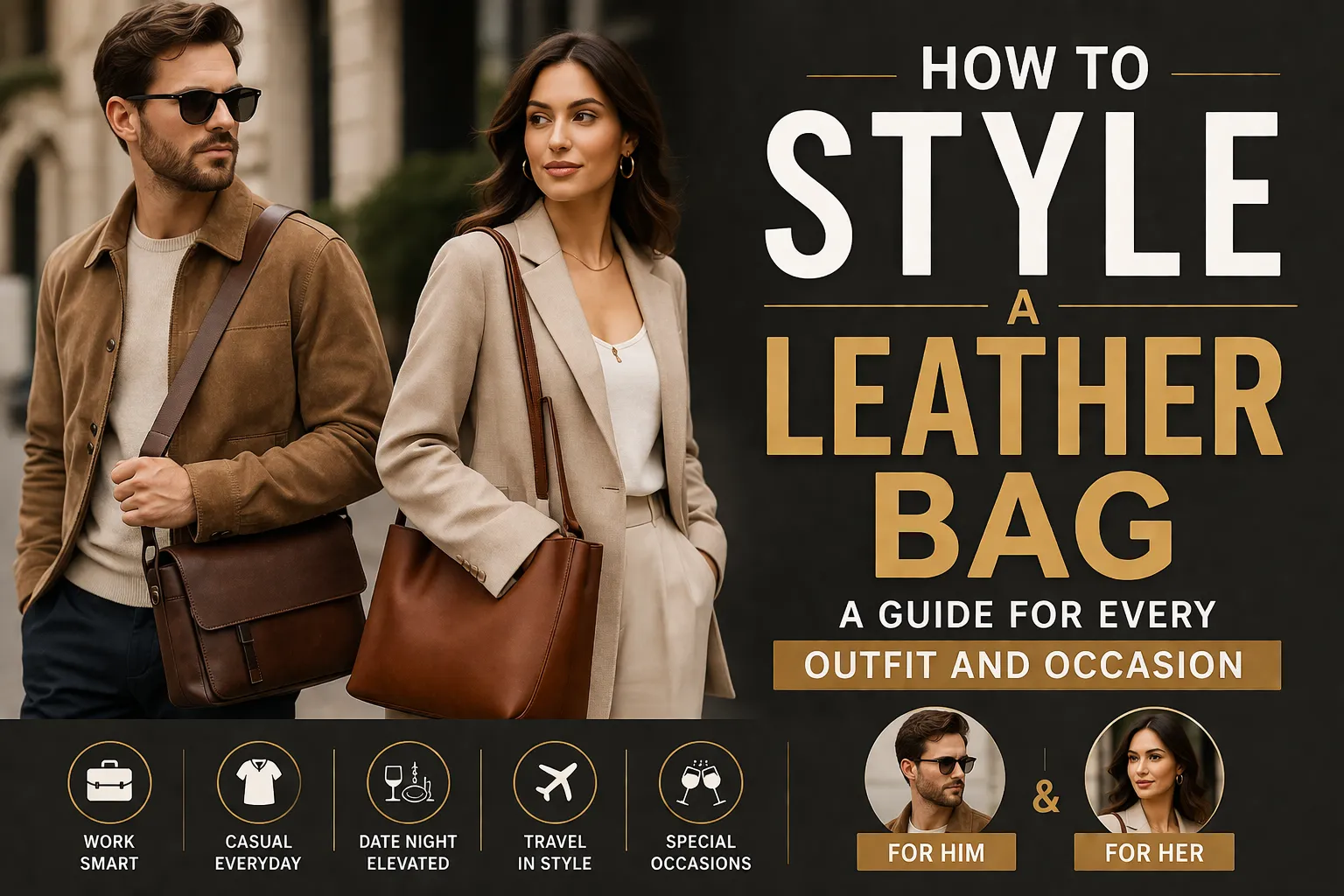A styled flat lay featuring a cognac leather tote bag surrounded by outfit accessories on a wooden surface