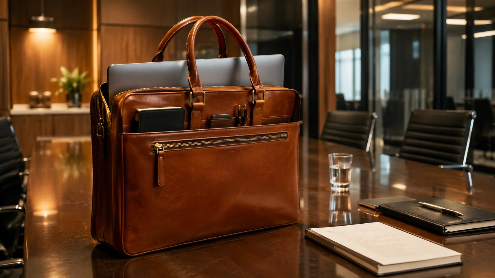 A cognac leather briefcase sitting open on a conference table showing organised interior compartments