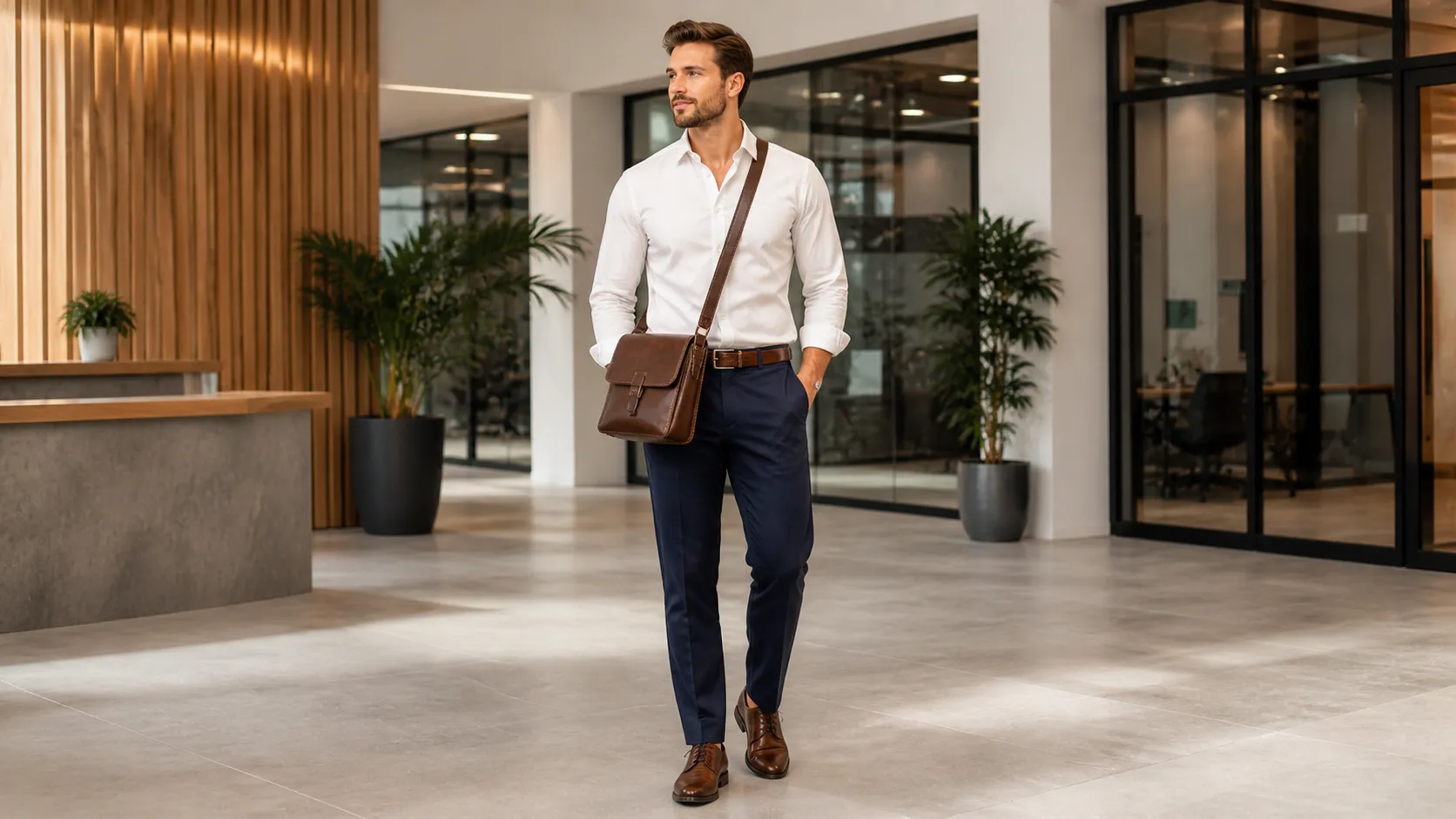 Person in smart casual work attire wearing a dark brown leather crossbody bag in a modern office setting