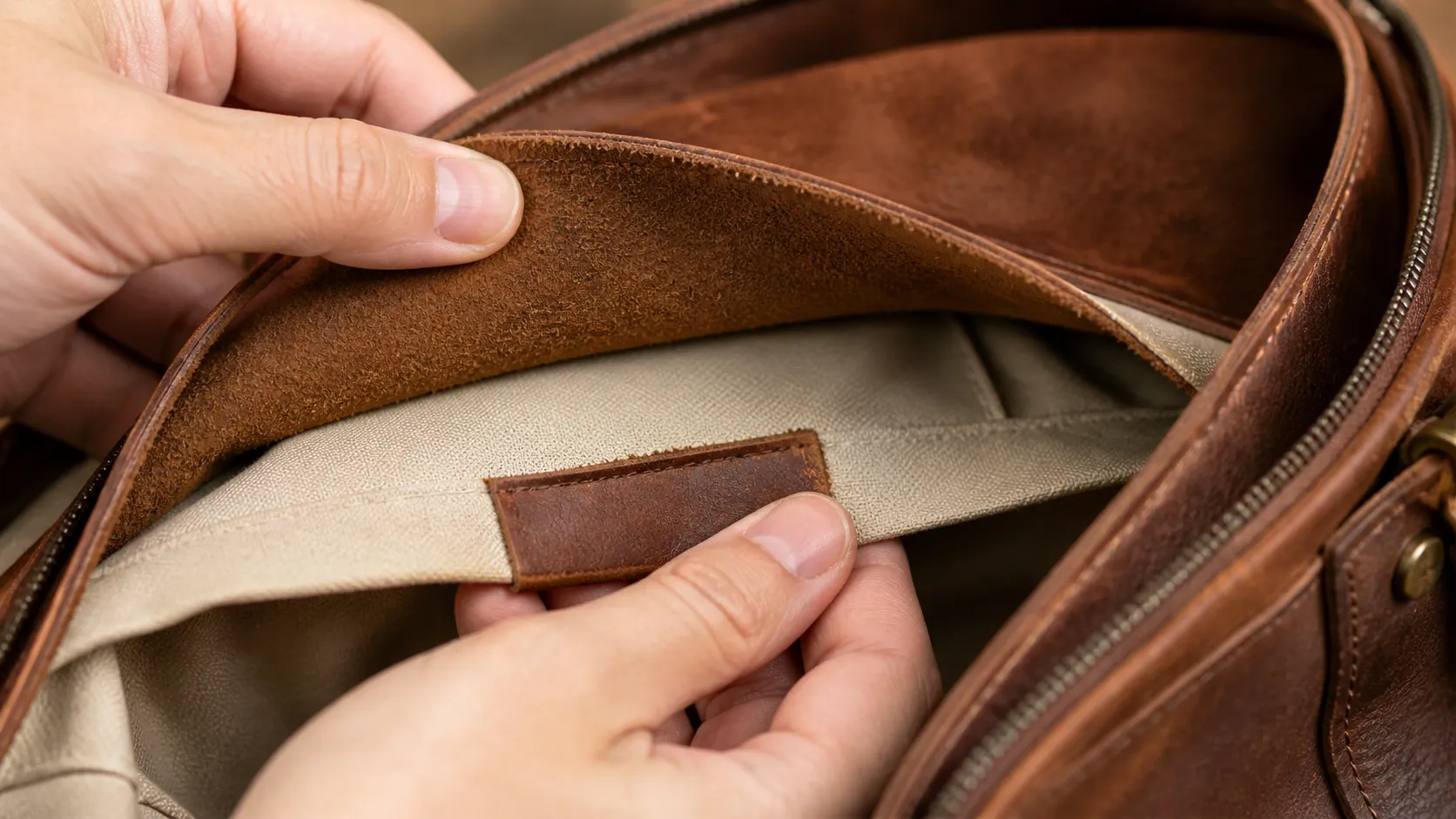 Hands examining the material label inside a leather bag to check leather authenticity 